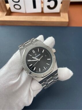 Audemars Piguet Silver Stainless Steel Watch with Black Dial
